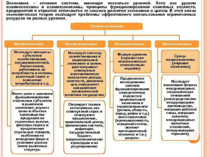 Экономика – сложная система, имеющая несколько уровней. Хотя все уровни взаимосвязаны и взаимозависимы, принципы