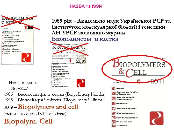 НАЗВА та ISSN 1985 рік – Академією наук Української РСР та Інститутом молекулярної біології