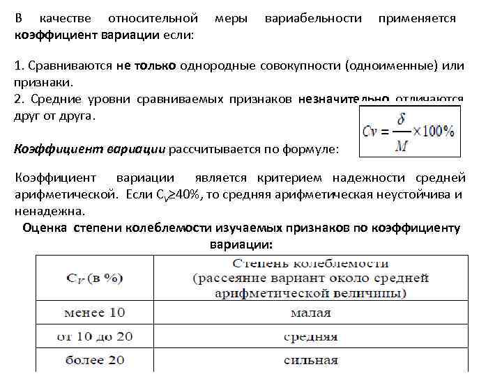В качестве относительной коэффициент вариации если: меры вариабельности применяется 1. Сравниваются не только однородные