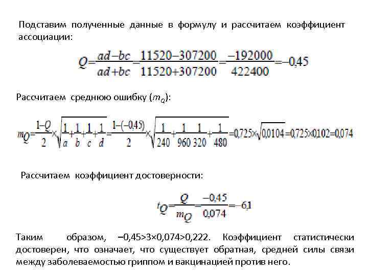 Подставим полученные данные в формулу и рассчитаем коэффициент ассоциации: Рассчитаем среднюю ошибку (m. Q):