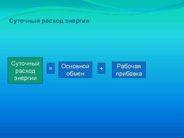 Суточный расход энергии = Основной обмен + Рабочая прибавка 