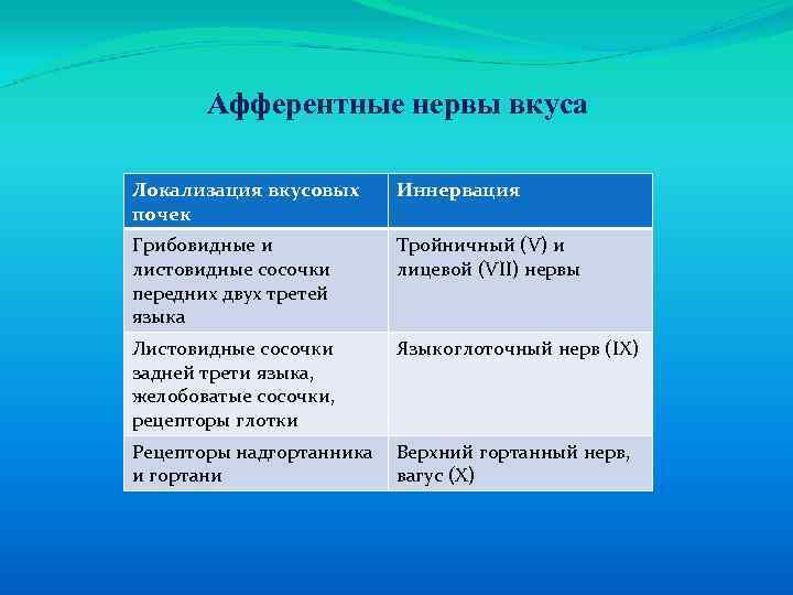 Афферентные нервы вкуса Локализация вкусовых почек Иннервация Грибовидные и листовидные сосочки передних двух третей