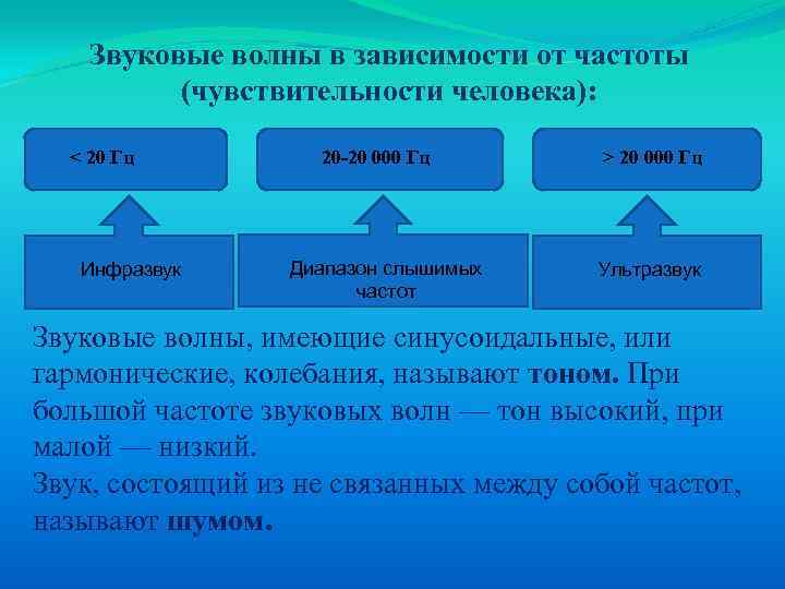 Звуковые волны в зависимости от частоты (чувствительности человека): < 20 Гц Инфразвук 20 -20