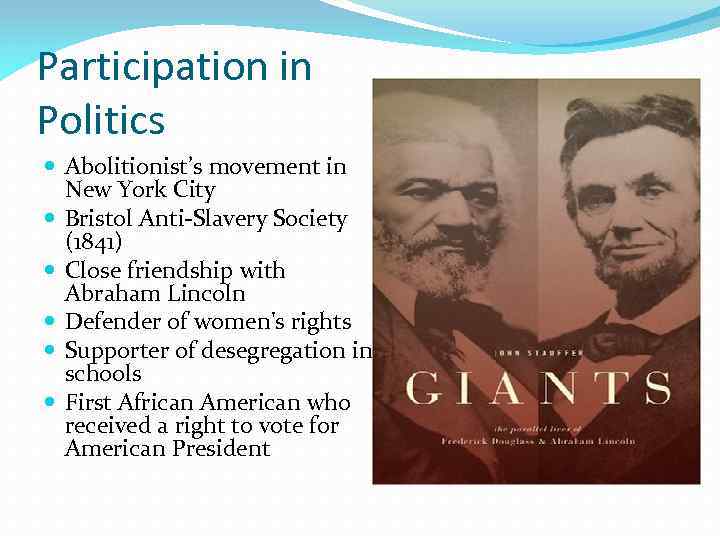Participation in Politics Abolitionist’s movement in New York City Bristol Anti-Slavery Society (1841) Close