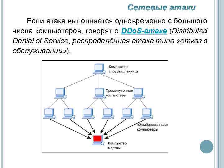 Если атака выполняется одновременно с большого числа компьютеров, говорят о DDo. S-атаке (Distributed Denial