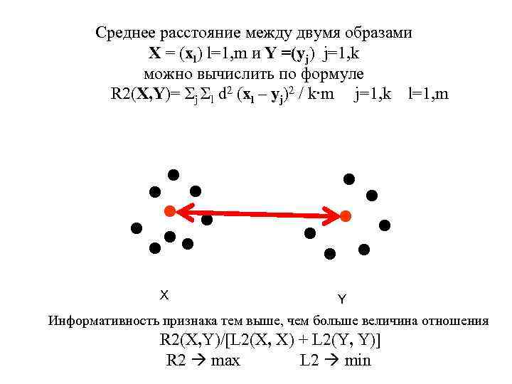 Среднее расстояние между двумя образами X = (xl) l=1, m и Y =(yj) j=1,
