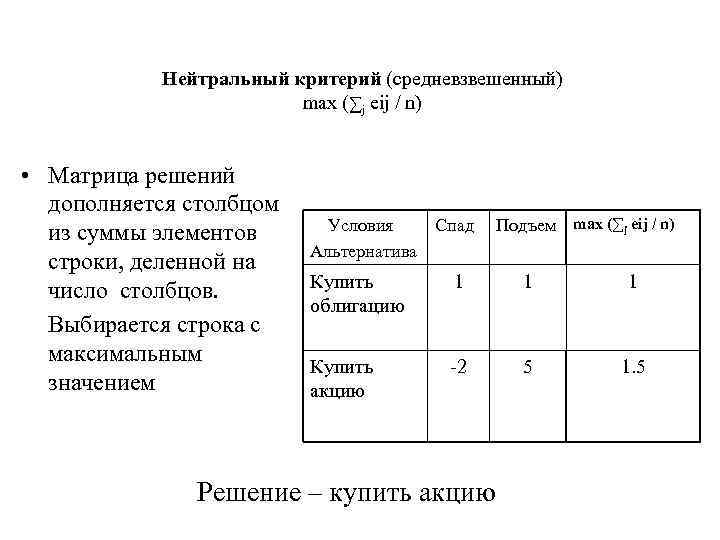 Нейтральный критерий (средневзвешенный) max (∑j eij / n) • Матрица решений дополняется столбцом из