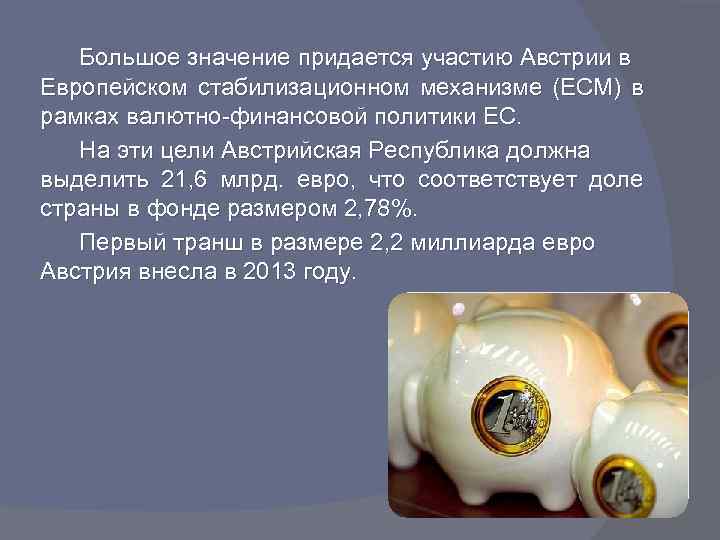 Большое значение придается участию Австрии в Европейском стабилизационном механизме (ЕСМ) в рамках валютно-финансовой политики