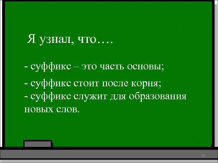 Я узнал, что…. - суффикс – это часть основы; - суффикс стоит после корня;