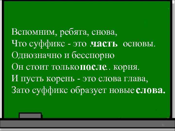 Вспомним, ребята, снова, Что суффикс - это …… часть основы. Однозначно и бесспорно Он