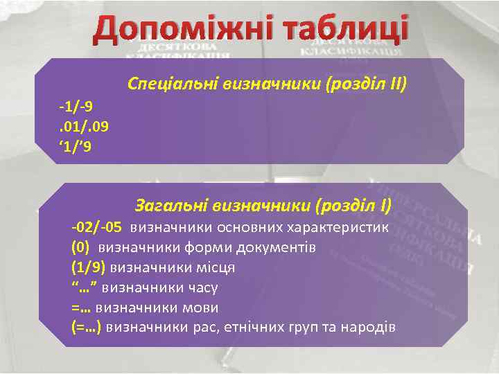 Допоміжні таблиці Спеціальні визначники (розділ II) -1/-9. 01/. 09 ‘ 1/’ 9 Загальні визначники
