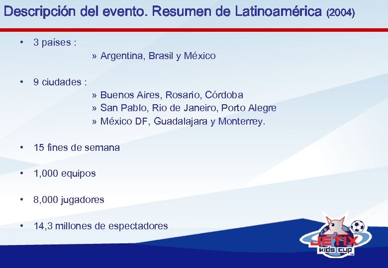 Descripción del evento. Resumen de Latinoamérica (2004) • 3 países : • 9 ciudades