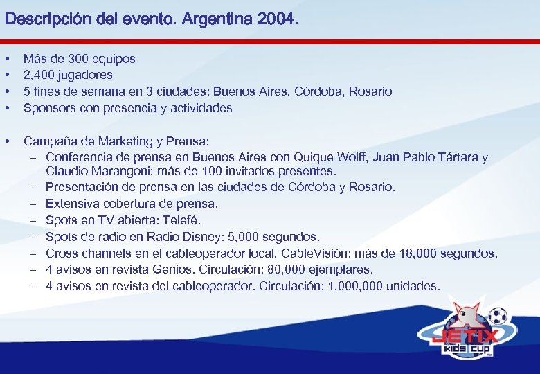 Descripción del evento. Argentina 2004. • • Más de 300 equipos 2, 400 jugadores