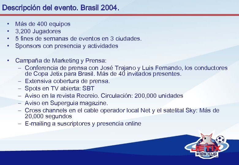 Descripción del evento. Brasil 2004. • • Más de 400 equipos 3, 200 Jugadores