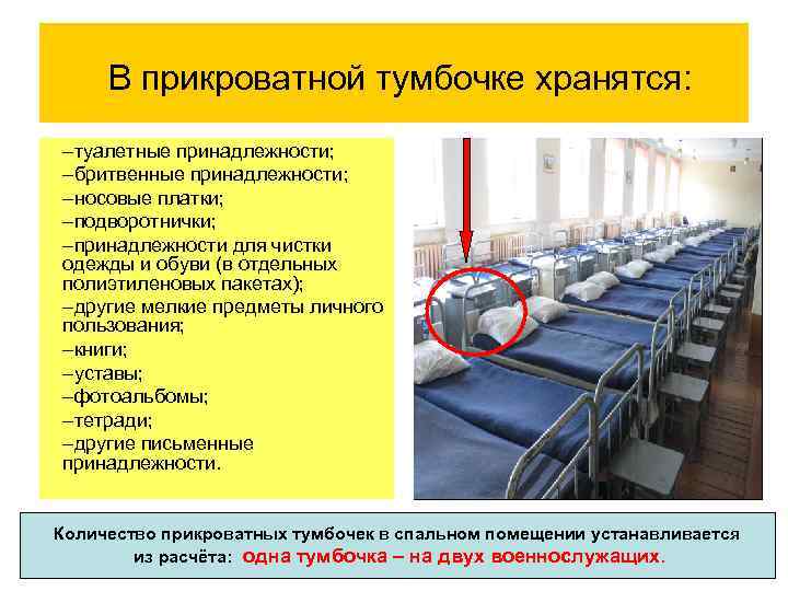 В прикроватной тумбочке хранятся: –туалетные принадлежности; –бритвенные принадлежности; –носовые платки; –подворотнички; –принадлежности для чистки