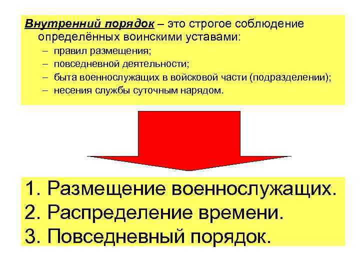 Внутренний порядок – это строгое соблюдение определённых воинскими уставами: – – правил размещения; повседневной
