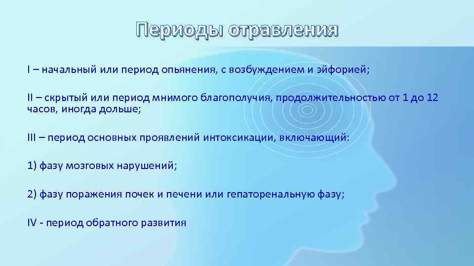 Периоды отравления I – начальный или период опьянения, с возбуждением и эйфорией; II –