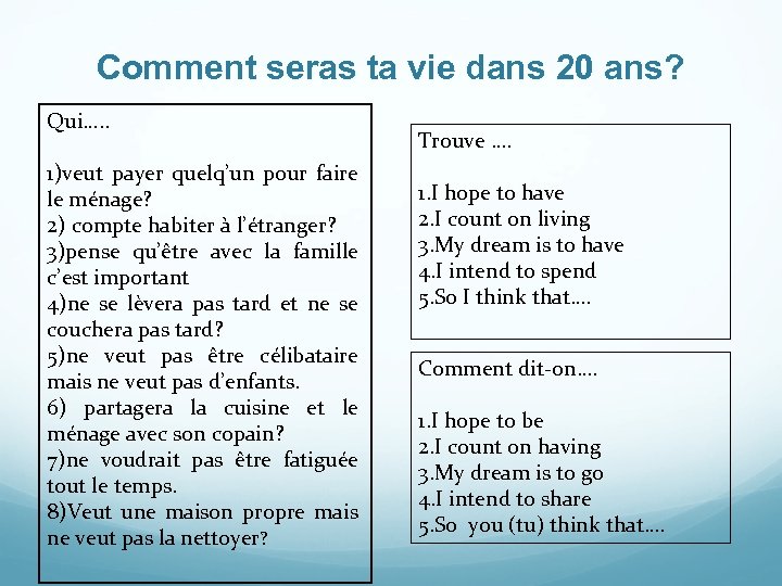 Comment seras ta vie dans 20 ans? Qui…. . 1)veut payer quelq’un pour faire