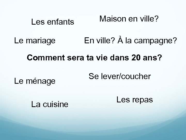 Les enfants Le mariage Maison en ville? En ville? À la campagne? Comment sera