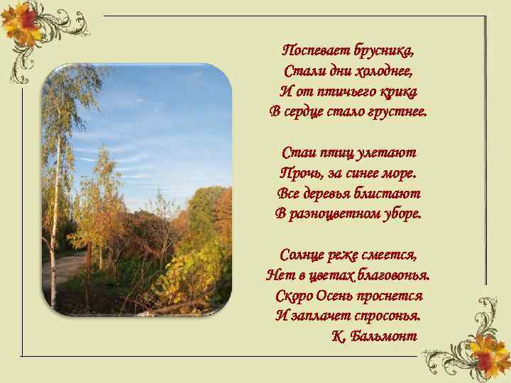 Поспевает брусника, Стали дни холоднее, И от птичьего крика В сердце стало грустнее. Стаи
