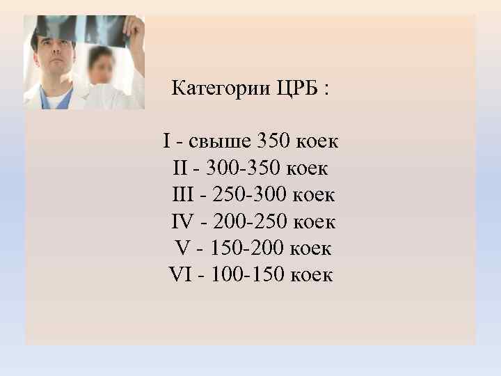 Категории ЦРБ : I - свыше 350 коек II - 300 -350 коек III
