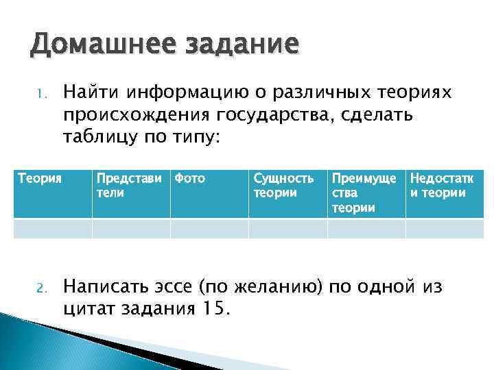Домашнее задание 1. Теория 2. Найти информацию о различных теориях происхождения государства, сделать таблицу