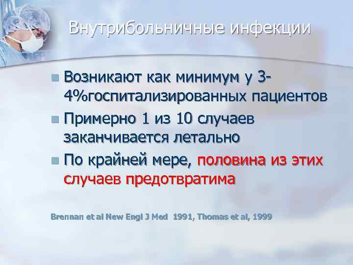 Внутрибольничные инфекции Возникают как минимум у 34%госпитализированных пациентов Примерно 1 из 10 случаев заканчивается
