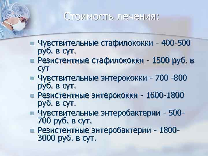 Стоимость лечения: Чувствительные стафилококки - 400 -500 руб. в сут. Резистентные стафилококки - 1500