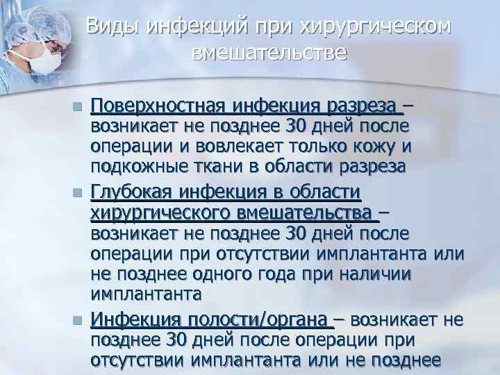 Виды инфекций при хирургическом вмешательстве Поверхностная инфекция разреза – возникает не позднее 30 дней