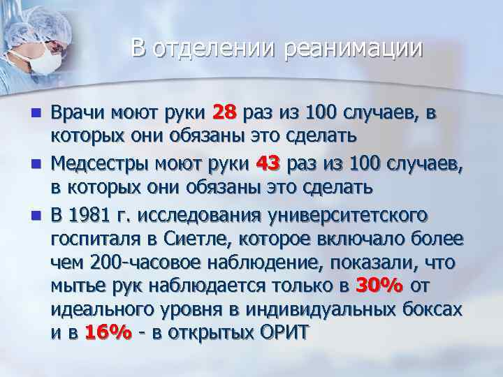 В отделении реанимации Врачи моют руки 28 раз из 100 случаев, в которых они