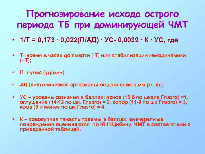 Прогнозирование исхода острого периода ТБ при доминирующей ЧМТ • 1/Т = 0, 173 ∙