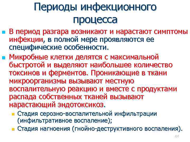 Периоды инфекционного процесса n n В период разгара возникают и нарастают симптомы инфекции, в
