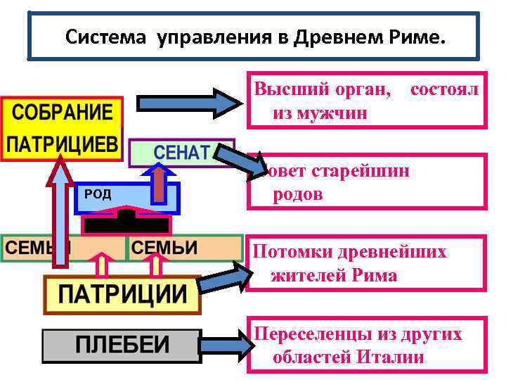 Система управления в Древнем Риме. Высший орган, из мужчин РОД состоял Совет старейшин родов