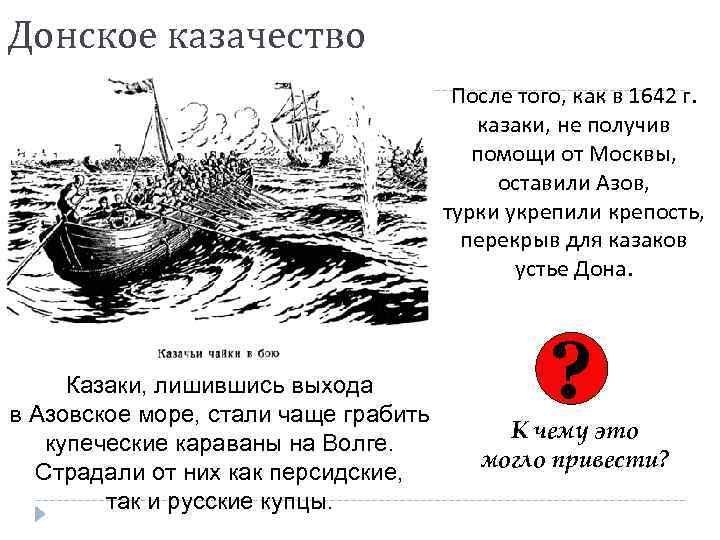 Донское казачество После того, как в 1642 г. казаки, не получив помощи от Москвы,