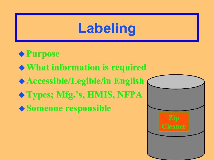 Labeling u Purpose u What information is required u Accessible/Legible/in English u Types; Mfg.