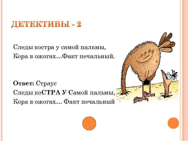 Следы костра у самой пальмы, Кора в ожогах…Факт печальный. Ответ: Страус Следы ко. СТРА
