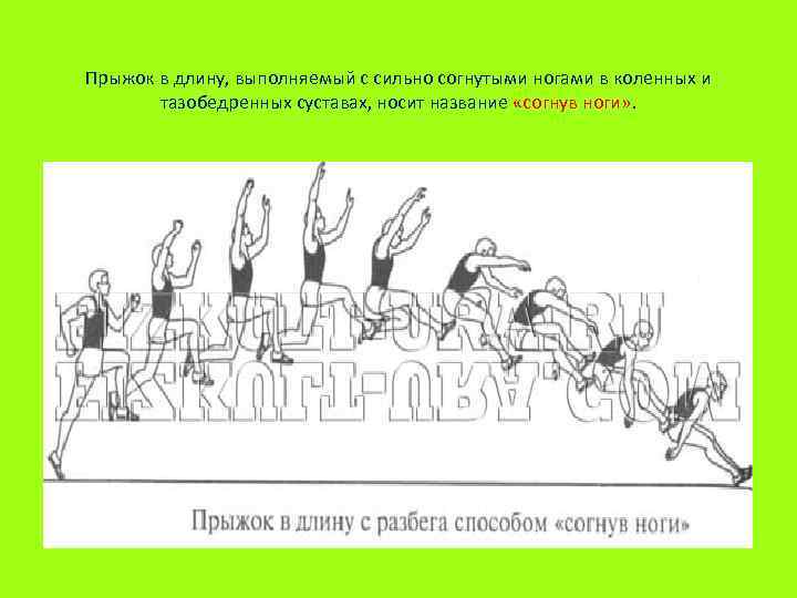 Прыжок в длину, выполняемый с сильно согнутыми ногами в коленных и тазобедренных суставах, носит