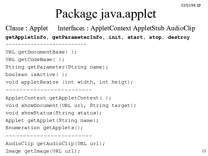 Package java. applet Classe : Applet 02/03/98 SF Interfaces : Applet. Context Applet. Stub