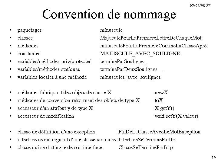 Convention de nommage 02/03/98 SF • • paquetages classes méthodes constantes variables/méthodes priv/protected variables/méthodes