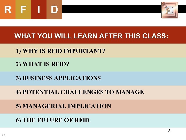 R F I D WHAT YOU WILL LEARN AFTER THIS CLASS: 1) WHY IS