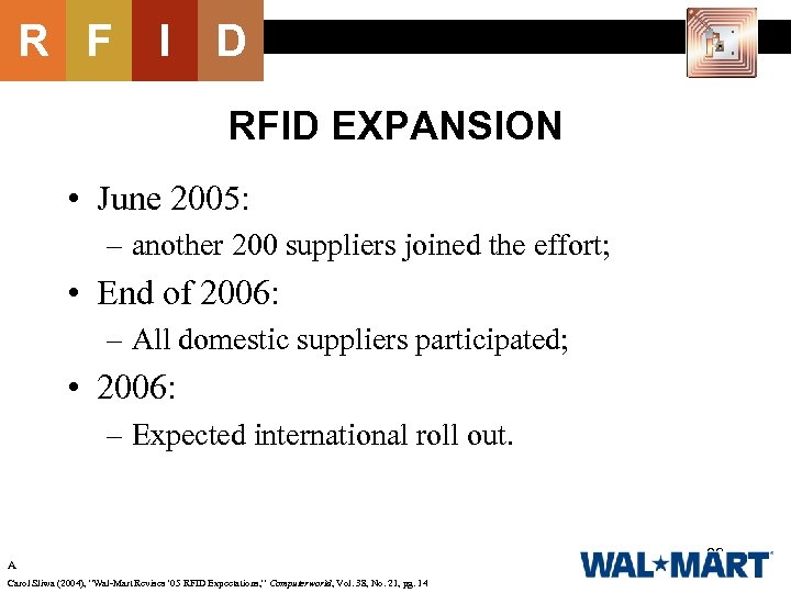 R F I D RFID EXPANSION • June 2005: – another 200 suppliers joined