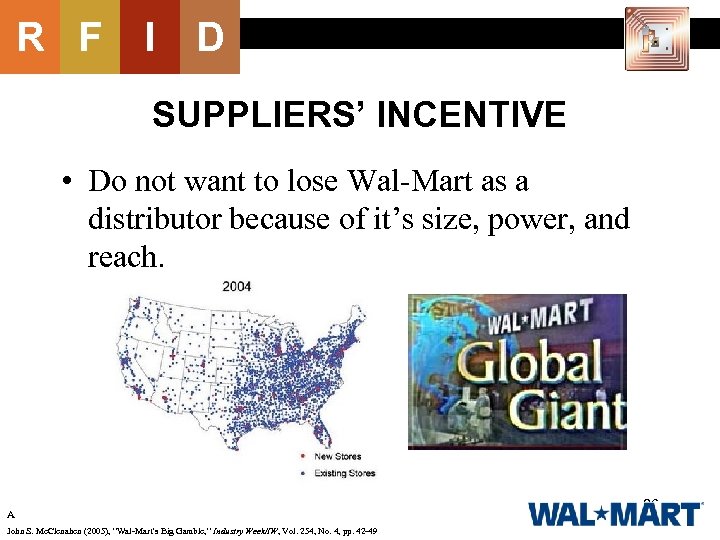 R F I D SUPPLIERS’ INCENTIVE • Do not want to lose Wal-Mart as