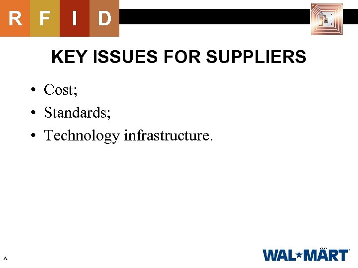 R F I D KEY ISSUES FOR SUPPLIERS • Cost; • Standards; • Technology