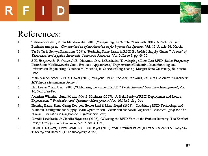 R F I D References: 1. 2. 3. 4. 5. 6. 7. 8. 9.