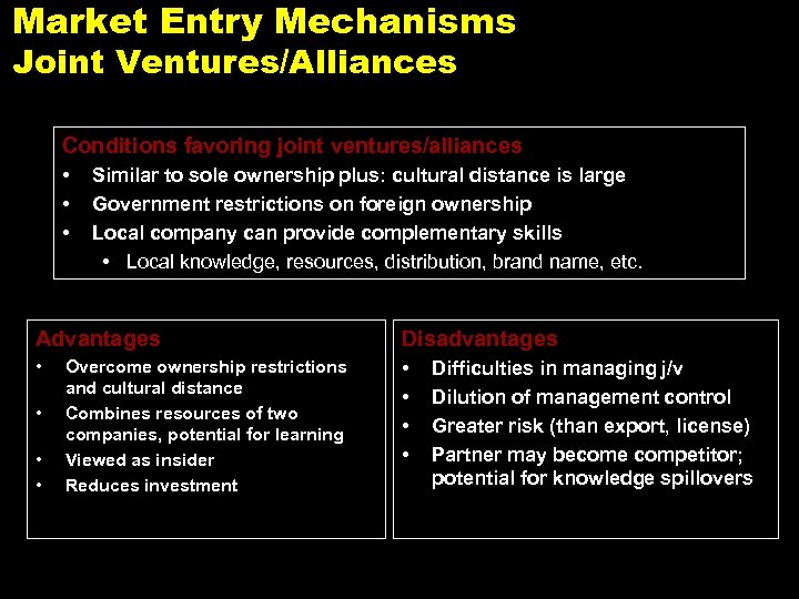 Market Entry Mechanisms Joint Ventures/Alliances Conditions favoring joint ventures/alliances • • • Similar to