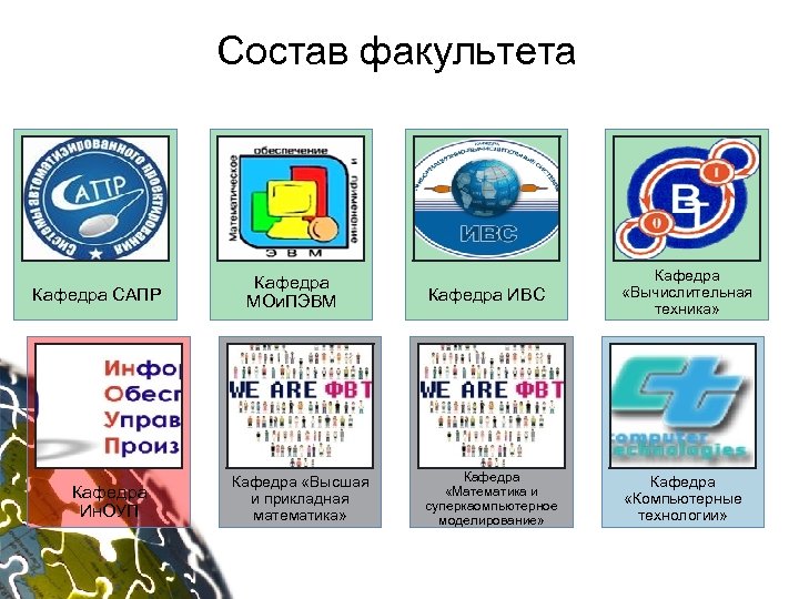 Состав факультета Кафедра САПР Кафедра Ин. ОУП Кафедра МОи. ПЭВМ Кафедра «Высшая и прикладная
