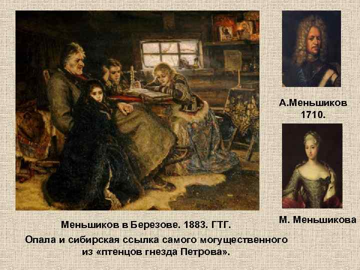 А. Меньшиков 1710. М. Меньшикова Меньшиков в Березове. 1883. ГТГ. Опала и сибирская ссылка