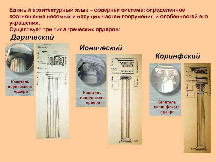 Единый архитектурный язык – ордерная система: определенное соотношение несомых и несущих частей сооружения и