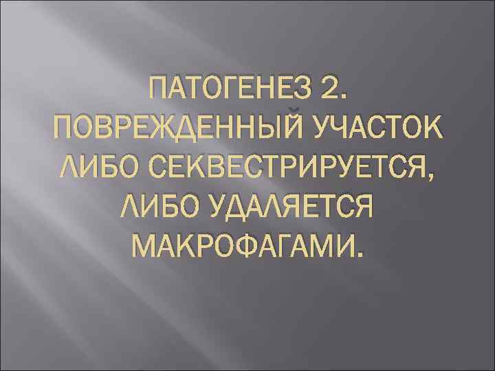 ПАТОГЕНЕЗ 2. ПОВРЕЖДЕННЫЙ УЧАСТОК ЛИБО СЕКВЕСТРИРУЕТСЯ, ЛИБО УДАЛЯЕТСЯ МАКРОФАГАМИ. 