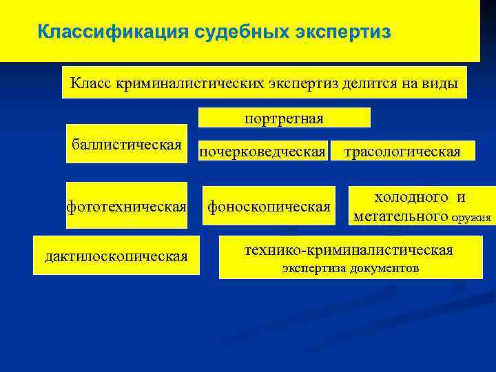 Классификация судебных экспертиз Класс криминалистических экспертиз делится на виды портретная баллистическая фототехническая дактилоскопическая почерковедческая